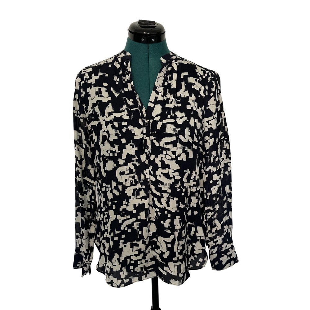 Vince Shirt Womens 2 Navy White Silk Abstract Print Long Sleeve‎ Split Neck